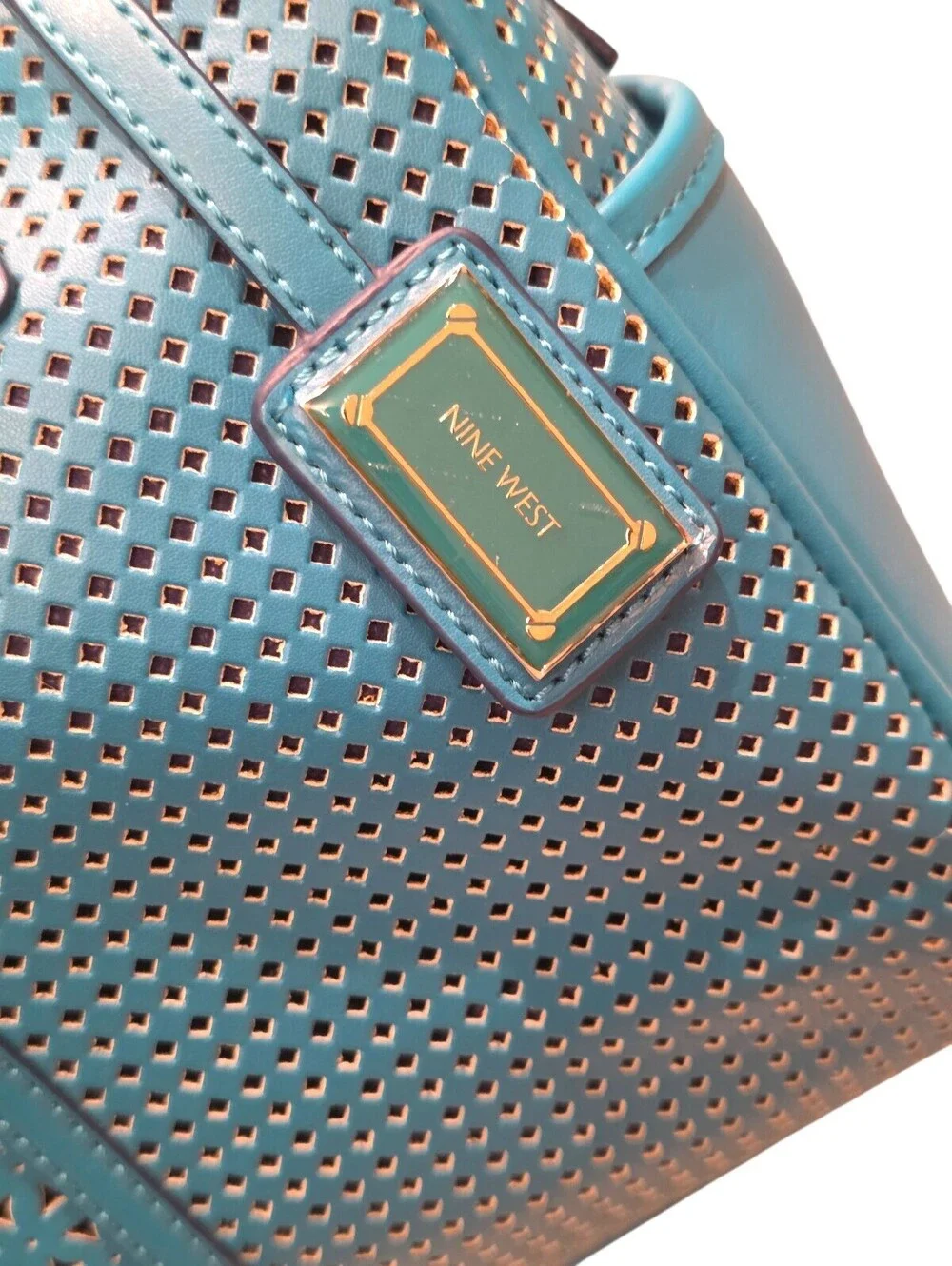Nine West Teal Blue Perforated Satchel Shoulder Bag Purse Floral Lining